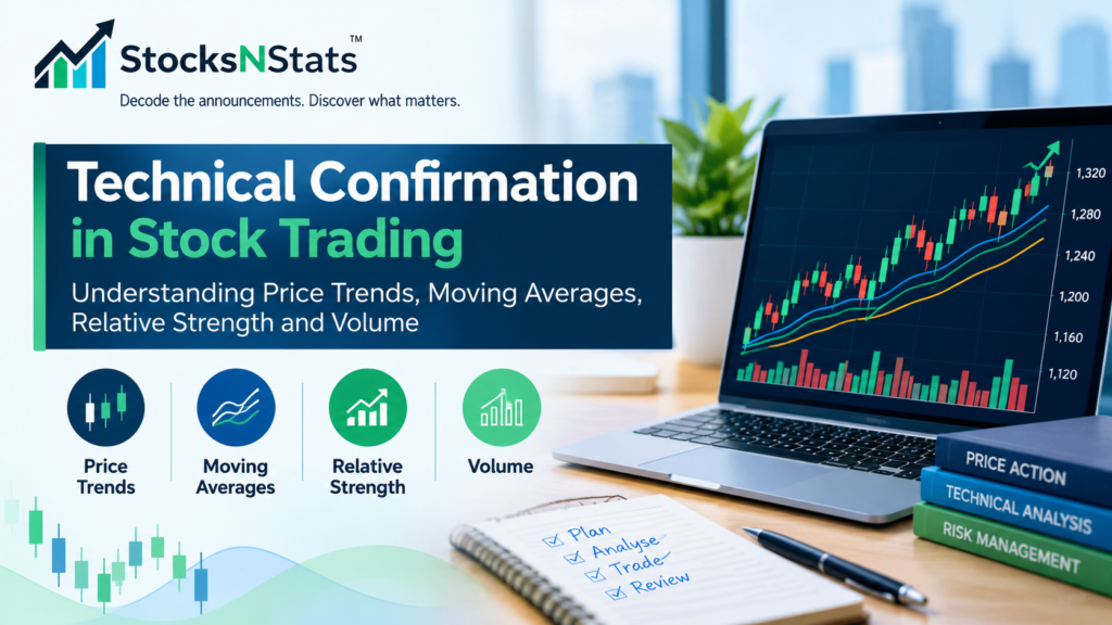 Current image: StocksNStats featured image explaining technical confirmation in stock trading, highlighting price trends, moving averages, relative strength, and volume, with an upward-trending candlestick chart displayed on a laptop.